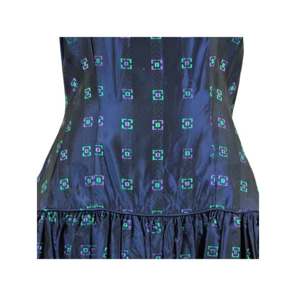 1950s Navy Blue Day Dress Purple Green Geometric Print Size Small - Picture 4 of 14